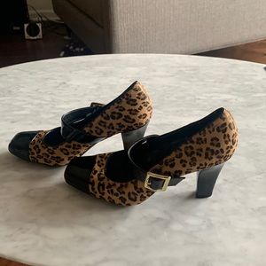 Franco Sarto Black Patent and Leopard Mary Jane Pumps